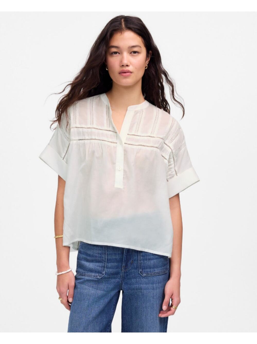 Madewell Lace-Inset Pintucked Henley Top S White Cuffed Short Sleeve Semi Sheer